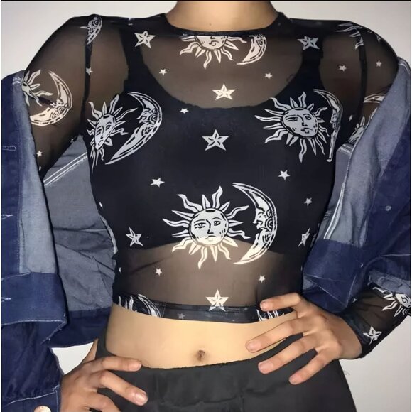Sheer Black Mesh Crop Top W/ Sun & Moon Celestial Print & Long Sleeves – NWT - Picture 2 of 8